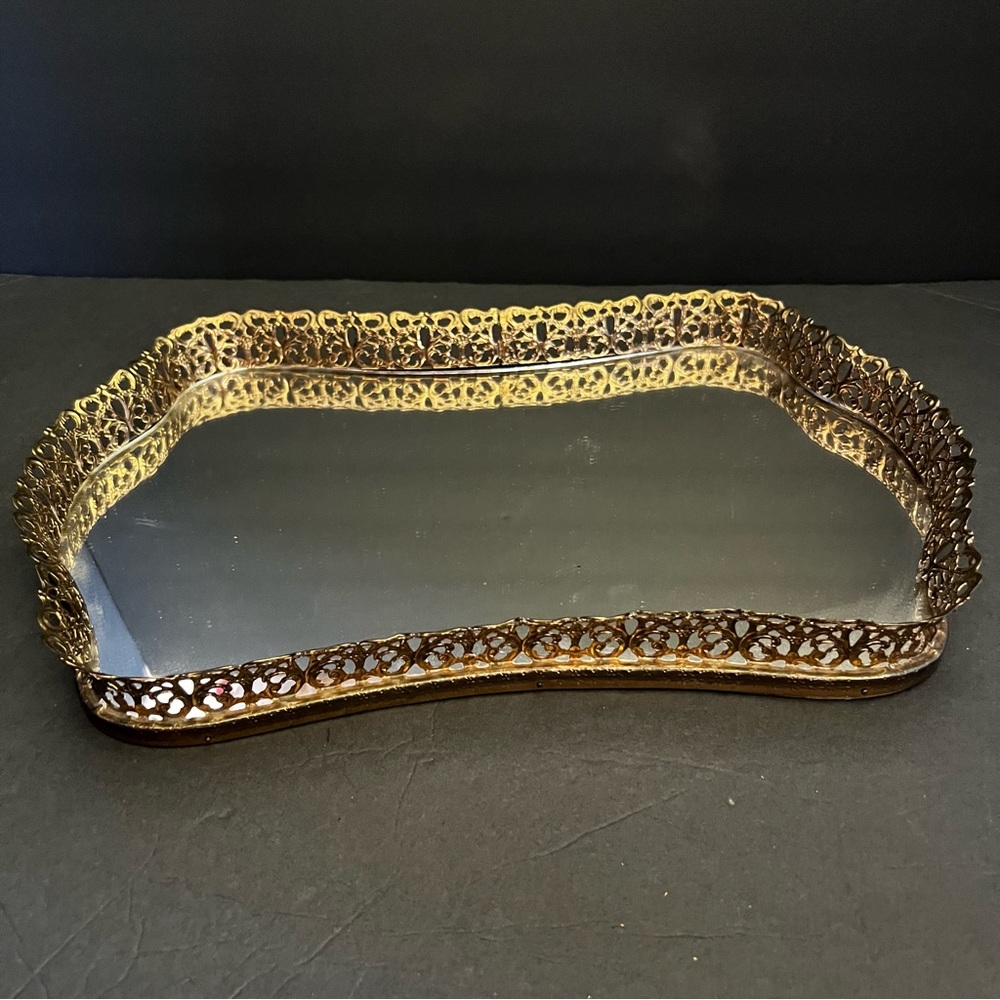 Regency Vanity Dresser Mirror Gold Tone Filigree Mirrored Tray 10 x 15 x 1 3/4